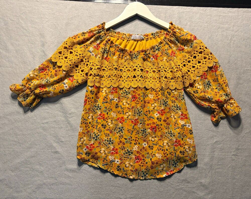 Knitworks Girls S Yellow Floral Off-Shoulder 3/4 Sleeve Crochet Blouse